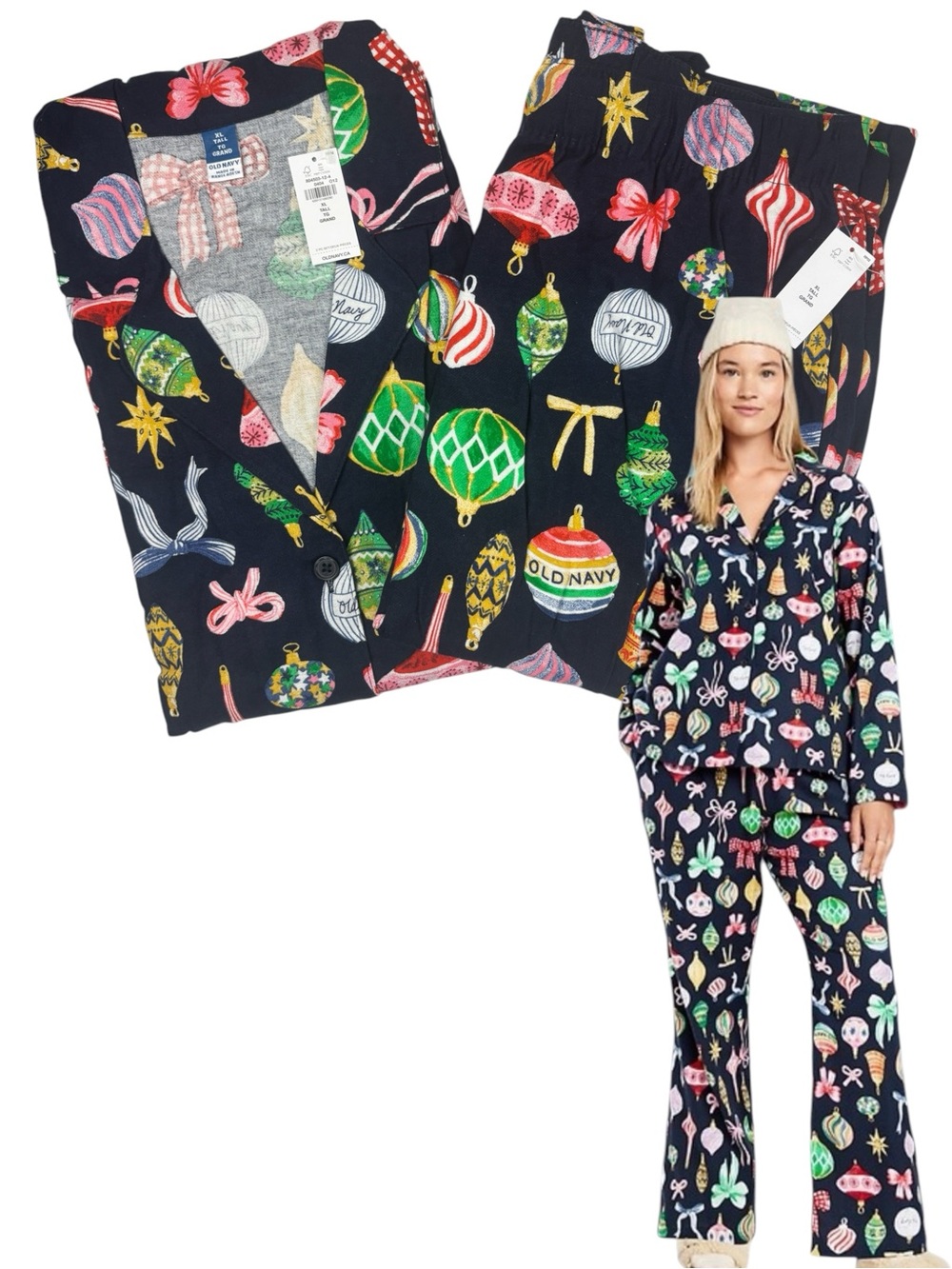 Old Navy Women's 2 Piece Christmas Ornaments Flannel Pajama Set Size XL TALL